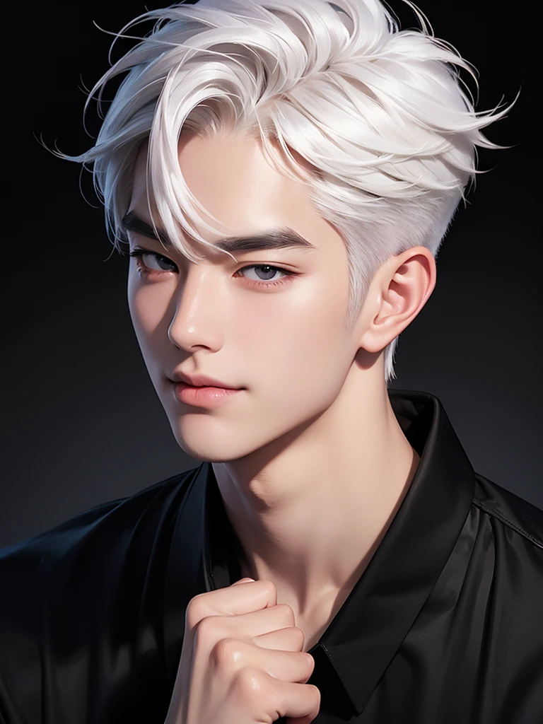 handsome korean boy, white hair, arrogant smile, fair skin, black shirt, black wallpaper, portrait angle, soft face, pink blush, lower angle