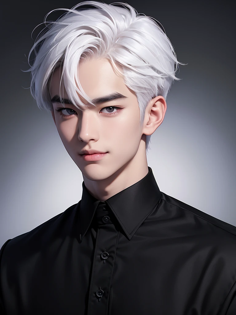 handsome korean boy, white hair, arrogant smile, fair skin, black shirt, black wallpaper, portrait angle, soft face, pink blush, lower angle