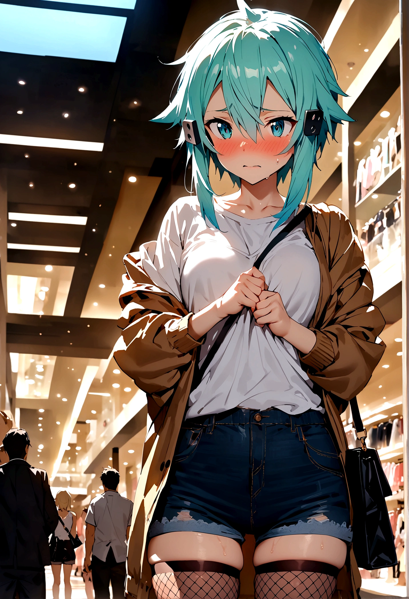 NSFW,masterpiece,Highest quality,High resolution,Super detailed,Sinon\(Sword Art Online\),Jacket,White T-shirt,cropped,Shorts,Fishnet tights,Shoulder bag,Embarrassed,expectant face,blush,Shopping mall,Lingerie Shop,Underwear section,Date,(boy),(Molestation),Prank
