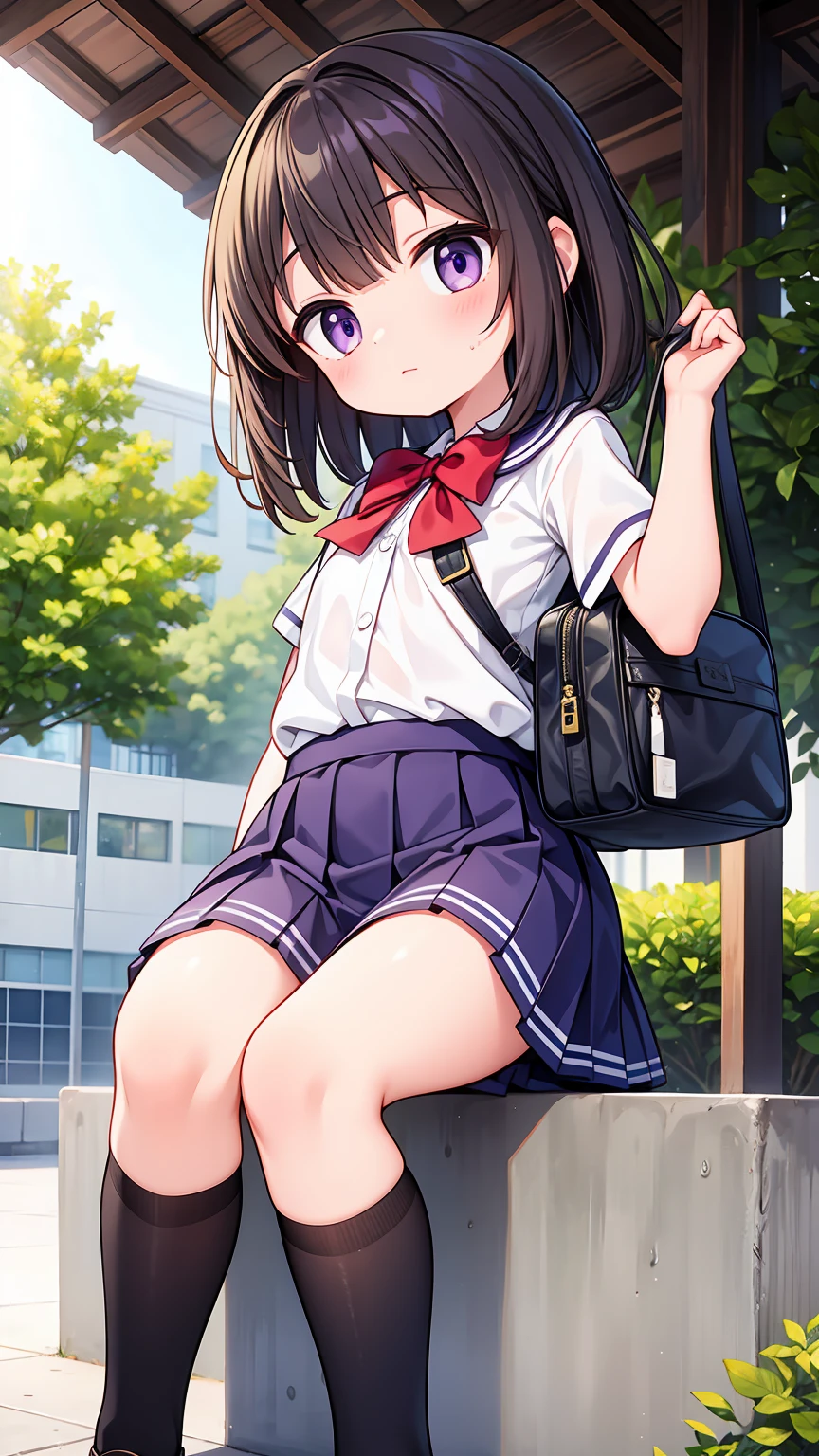 (High quality), (masterpiece), (very detailed), girl, (very small bust), short brown hair, purple eyes, shy face, (primary school loli), showing her thighs, on the school yard, sunny, camera angle from below, adorable eyes, (primar school uniform)