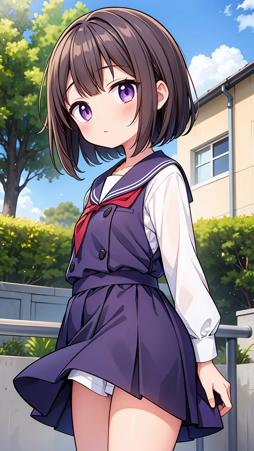 (High quality), (masterpiece), (very detailed), girl, (very small bust), short brown hair, purple eyes, shy face, (primary school loli), showing her thighs, on the school yard, sunny, camera angle from below, adorable eyes, (primar school uniform)