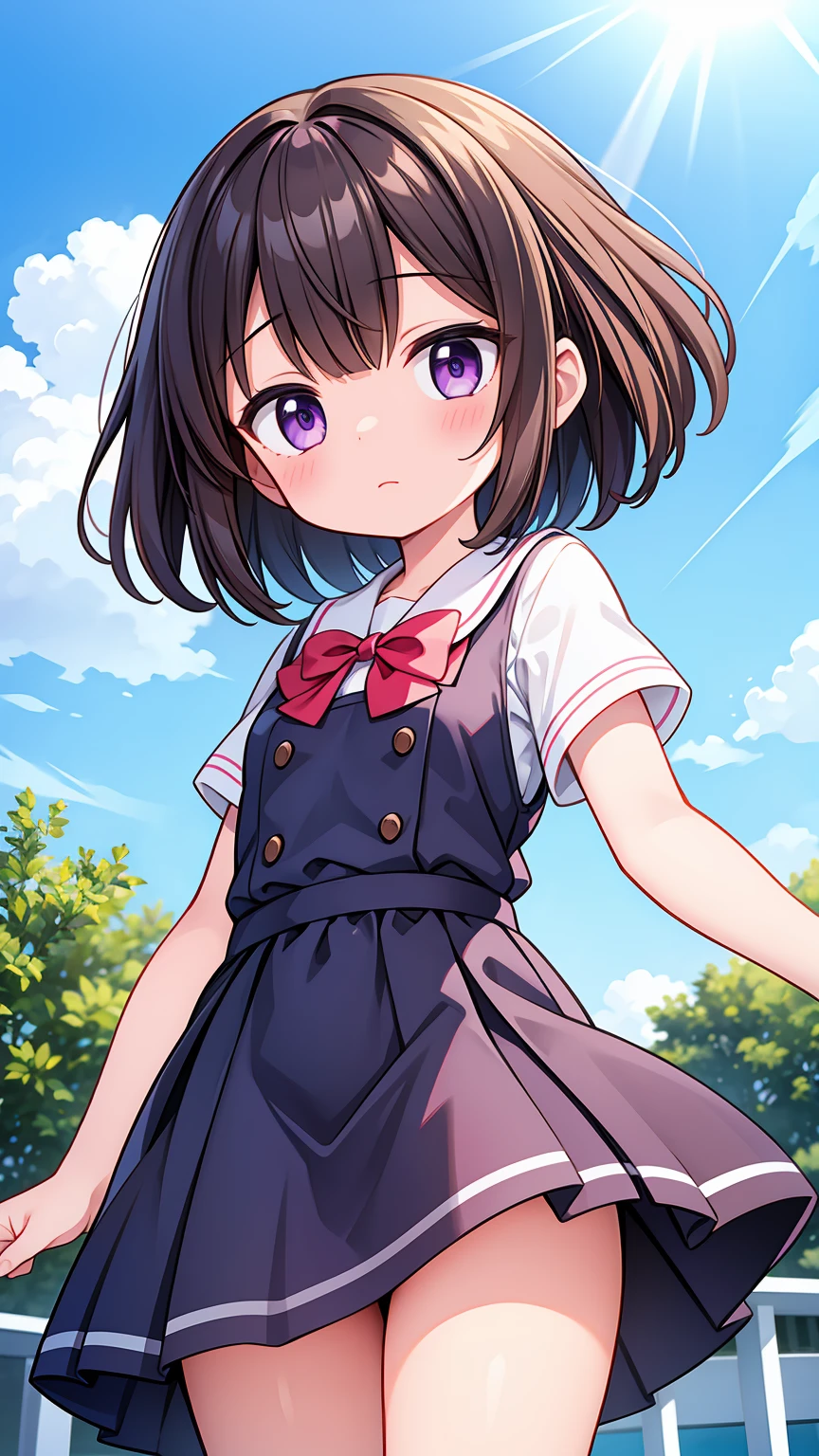(High quality), (masterpiece), (very detailed), girl, (very small bust), short brown hair, purple eyes, shy face, (primary school loli), showing her thighs, on the school yard, sunny, camera angle from below, adorable eyes, (primar school uniform)