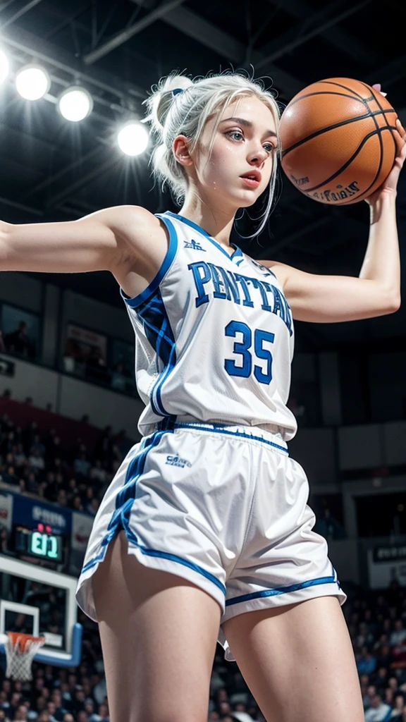 Female ager with white hair up, blue eyes and white skin doing a dunk with one hand in basketball