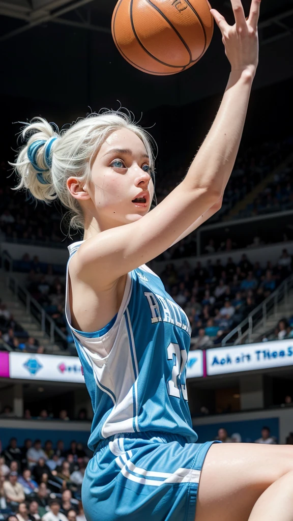 Female ager with white hair up, blue eyes and white skin doing a dunk in basketball
