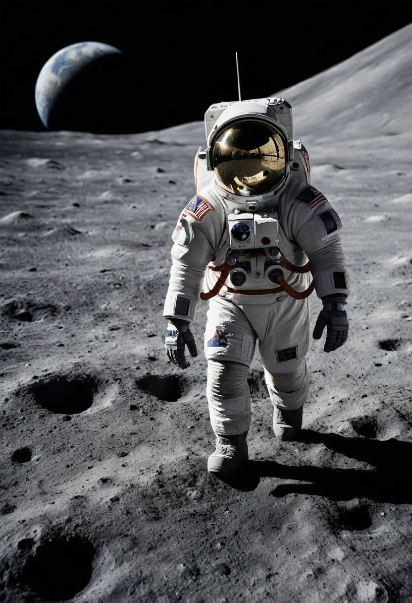 (Astronaut), astronaut wearing a heavy space suit is strolling on the surface of the moon, with a spacecraft capsule behind him and a vast lunar wilderness ahead. The Earth is in the pitch black sky, full body, (Photography), panoramic view, award-winning, cinematic still, emotional, vignette, dynamic, vivid, (masterpiece, best quality, Professional, perfect composition, very aesthetic, absurdres, ultra-detailed, intricate details:1.3)