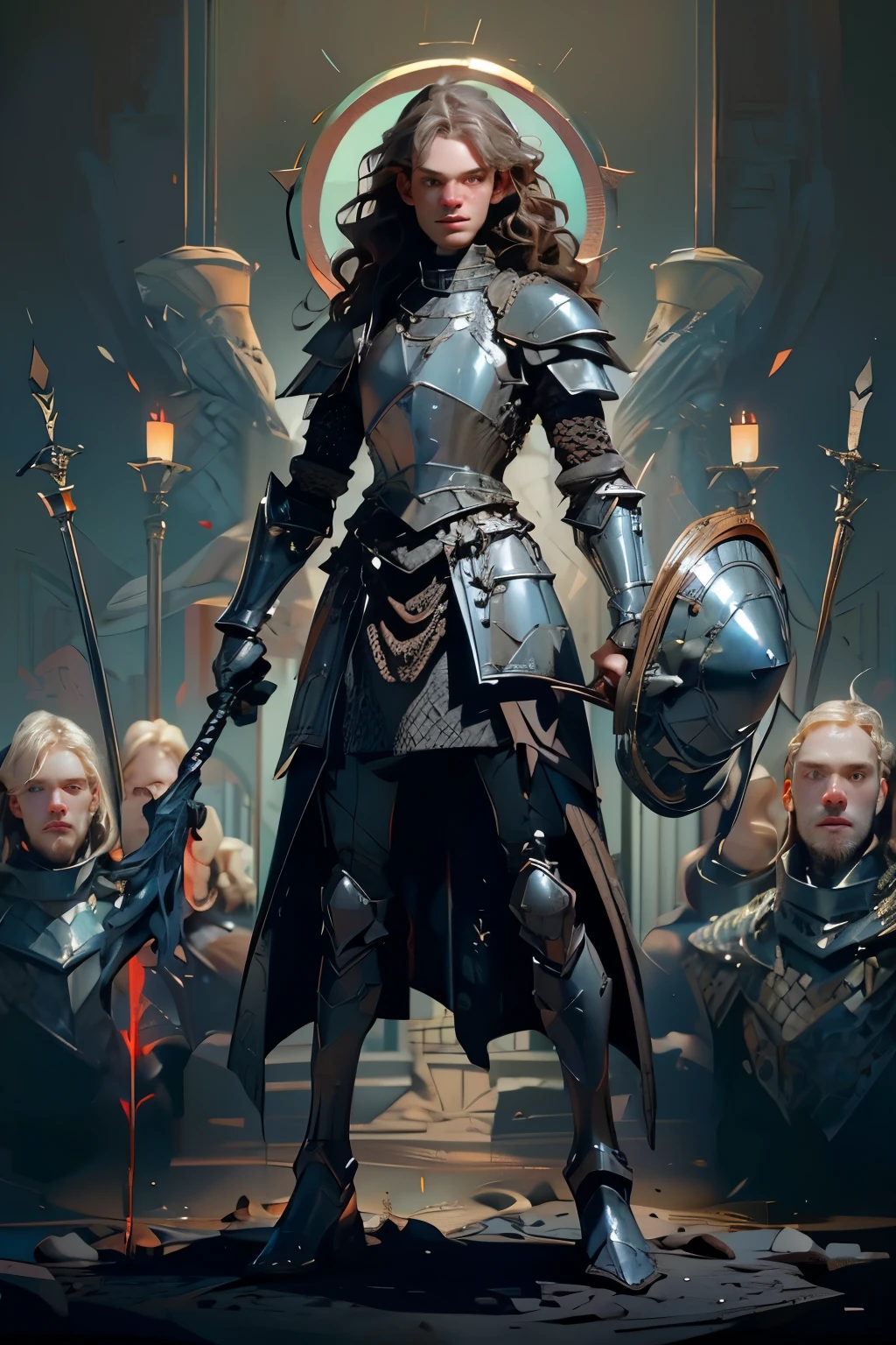 European man, 8k, absurd res, ((wild eyes)), flawless face, 1man, full body image, solo, masterpiece, highly detailed, flawless eyes, expressive detailed eyes, pale skin, wide eyed, detailed pupils, realistic skin, realistic skin texture, super detailed skin, analog style, amazing painting, perfect image, 8k, (chin length hair), ((wavy hair)), ((wearing chainmail and plate armor)), dark moody atmosphere, (full body image), (metal greaves on his feet), (gauntlets), (holding a metal club), ((zoom out, full body and face shot)). full body image, (wearing a helmet), ((fully covered))