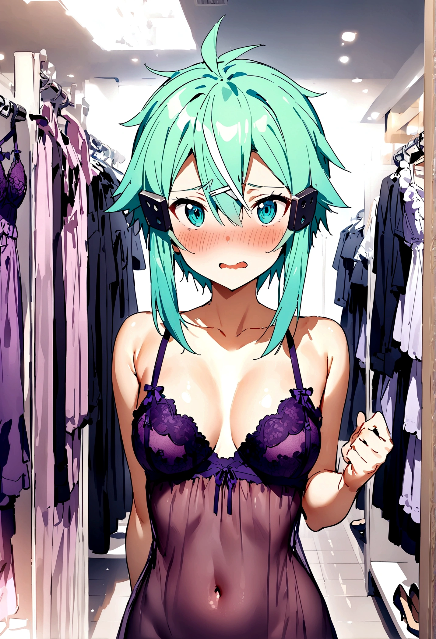 NSFW,masterpiece,Highest quality,High resolution,Super detailed,Sinon\(Sword Art Online\),(High-quality purple sexy lingerie),Embarrassed,expectant face,blush,Shopping mall,Lingerie Shop,fitting room,Dressing room,Date,Body touch