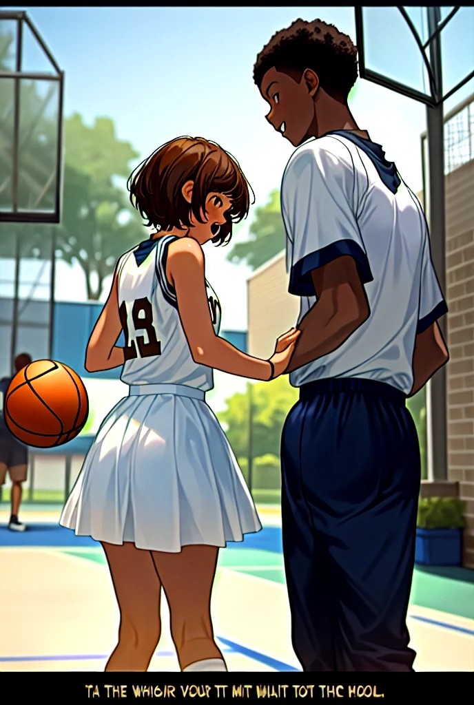 A black boy with short hair and a white girl with short brown hair meet at school. They are going to play basketball and the girl offers the ball to the boy to play. They became friends and 3 years later they fell in love and started dating.
