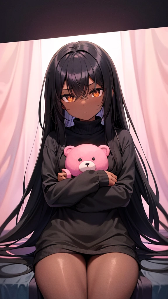 A black woman, dark-skinned, skin black. Long black hair, fringe. Big black eyes. lowrise, serious countenance. holding a teddy bear, black sweatshirt in a pink room