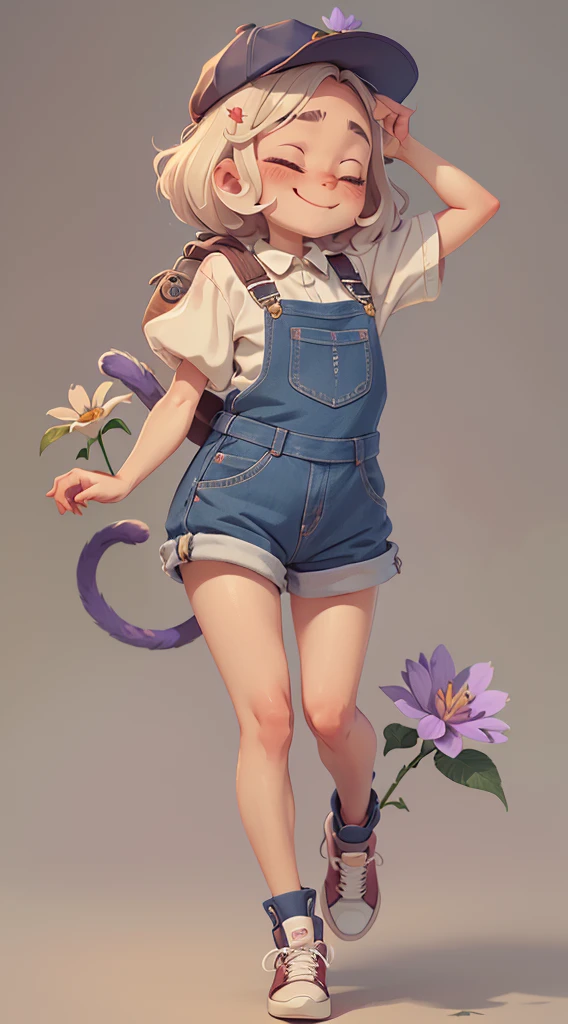 The image features the three-dimensional figure of a cute anthropomorphic cat wearing a hat with a flower, violet overalls and sneakers. The character has a satisfied expression with his eyes closed and his mouth open in a smile. It is positioned against a neutral background that does not distract from the subject.