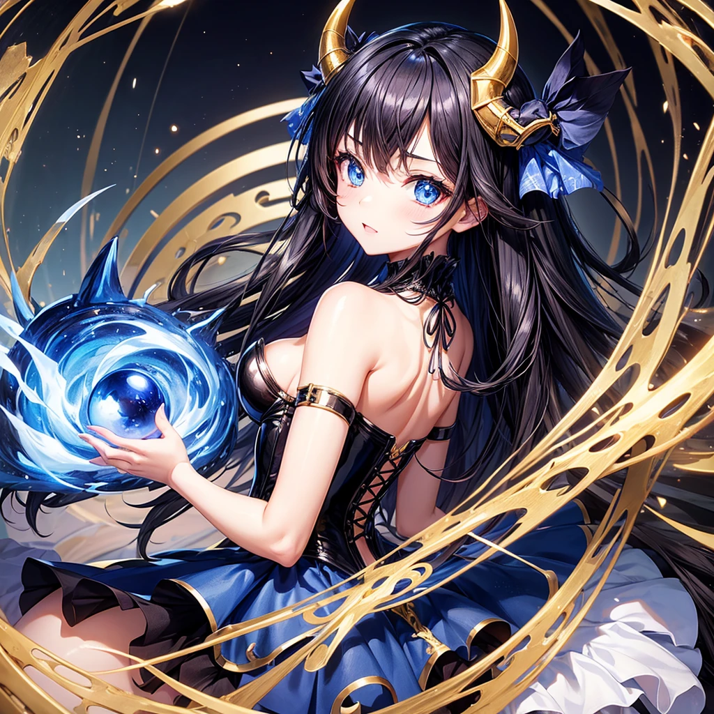Logo for girl, that is half-length that has black hair, blue eyes, little blue horns, wearing a white corset with gold details, chibi anime style