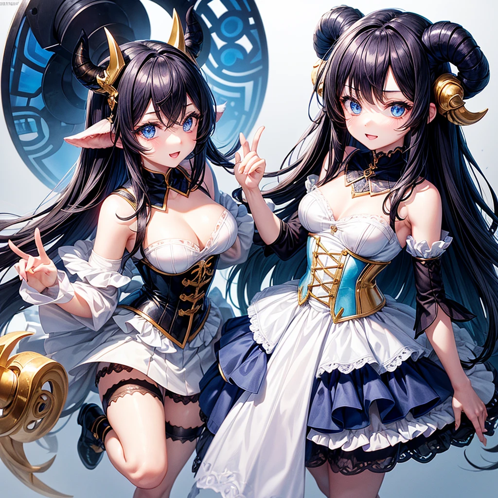 Logo for girl, that is half-length that has black hair, blue eyes, little blue horns, wearing a white corset with gold details, chibi anime style