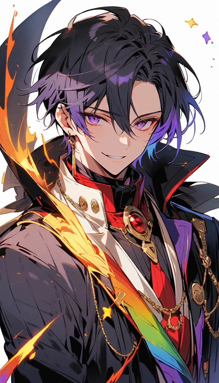 good looking, alone, 1 male, short hair, Smile Facial,1. Boy with black and purple hair, Moderate height, Slim body, Long coat, Black lining,good looking, short hair, Black Hair, Rainbow Hair, Purple eyes, 先端がスモーキーグレーのBlack Hair, smoking, Black light,smile、, Bright, sharp eyes illuminate the scene,uniform,Fewer accessories,whole body,Background white