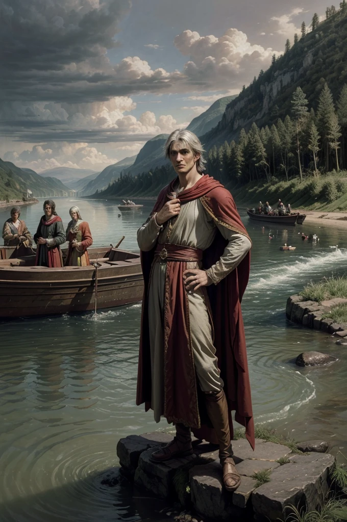 a detailed portrait of Dante Alighieri and Virgil standing by a river, observing a boat approaching the shore, the boat carrying many people, intricate details, high quality, photorealistic, dramatic lighting, cinematic composition, muted color palette, Renaissance inspired