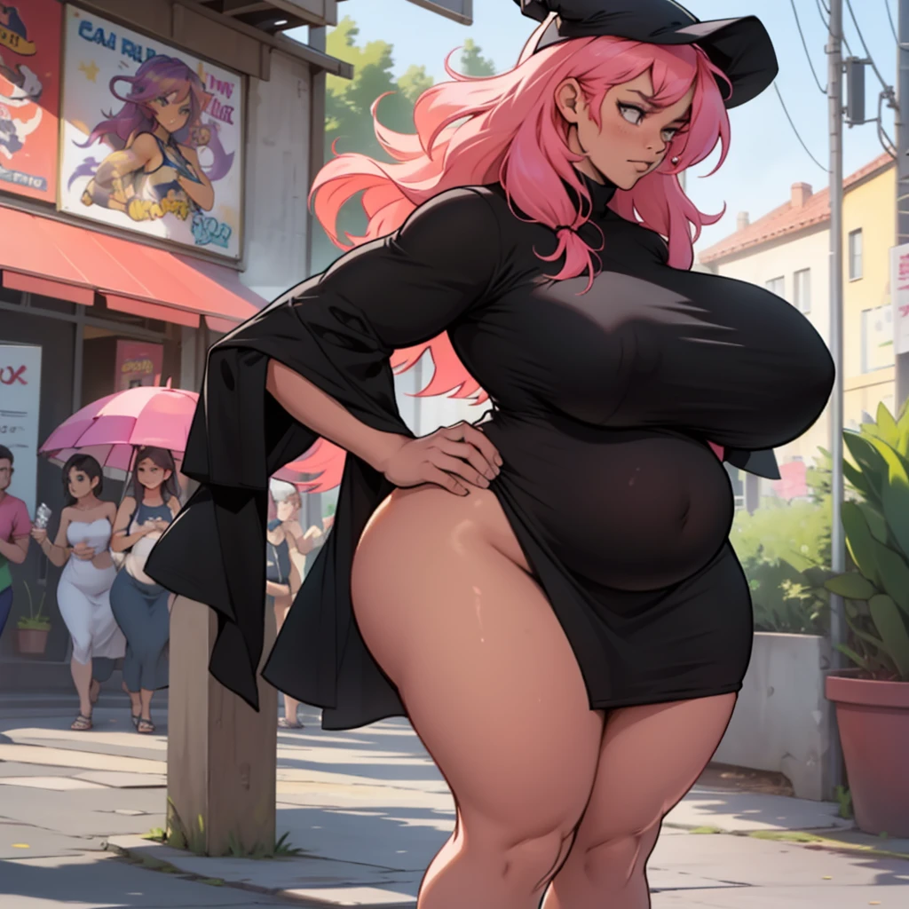 older woman in her 30s, with pink hair and a tall, curvy body, breasts big, in this, (work of art, best qualityer:1.2) wearing the legendary great black dress of the mystical sorceress, Big witch hat, pregnant, standing alone, alone, pink massive hair
