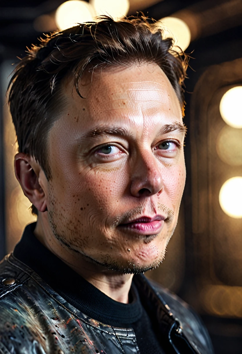 elon musk, (romantic:1.1), VHS effect, portraite, high face,(texture skin), details Intricate, fine-details, ultra detali, Ray tracing, underground dispersal, soft diffused lighting, Shallow depth of field, intricate, high détail, sharp focus, dramatic, photorealistic paint art by greg rutkowski, bokeh,dark background INFO