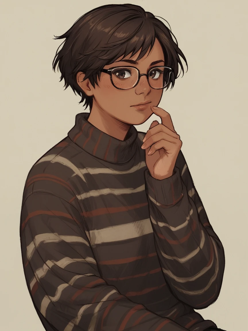 score_9, score_8_up, score_7_up, score_6_up, score_5_up, score_4_up,   wh33z13, 1woman, dark Brown short hair, striped sweater, dark Brown eyes, glasses 