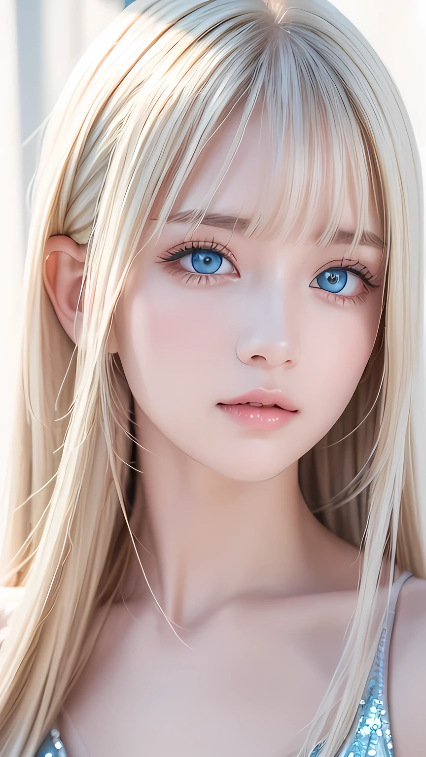 Highest quality、masterpiece、Ultra-high resolution、(Photorealistic:1.4)、1 Girl、、The ultimate beautiful girl、Very beautiful shiny light pale blonde hair、Super long straight silky hair、bangs over eyes、片bangs over eyes、Blonde hair between the eyes、Blonde hair hanging in the center of the face、Big, very bright, pale blue eyes that shine beautifully、Very big bright eyes、Eye highlights、shoulder、Charm、Looking at the camera、Very white and bright skin、Small Face Beauty、Round face、A shy, gentle and bright expression、Looking up、Cheek gloss highlighter