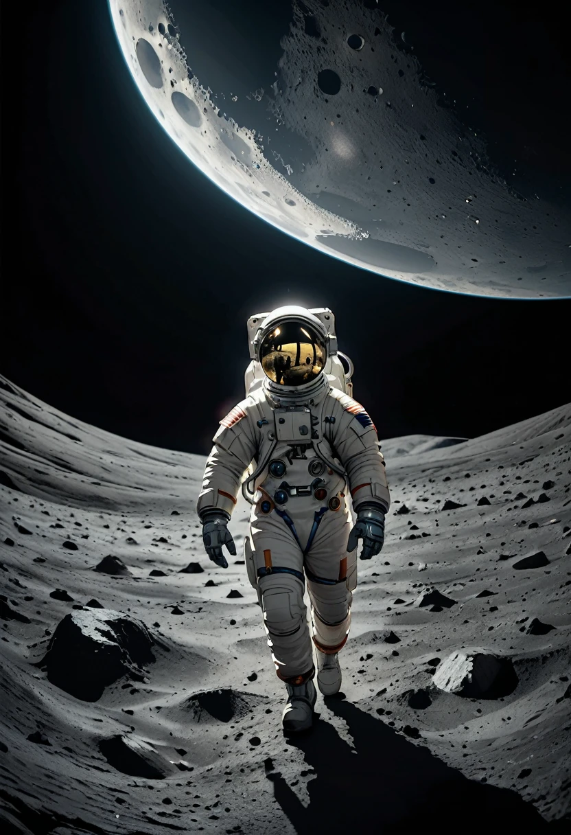 (Astronaut), astronaut wearing a heavy space suit is strolling on the surface of the moon, with a spacecraft capsule behind him and a vast lunar wilderness ahead. The Earth is in the pitch black sky, full body, (Photography), panoramic view, award-winning, cinematic still, emotional, vignette, dynamic, vivid, (masterpiece, best quality, Professional, perfect composition, very aesthetic, absurdres, ultra-detailed, intricate details:1.3)