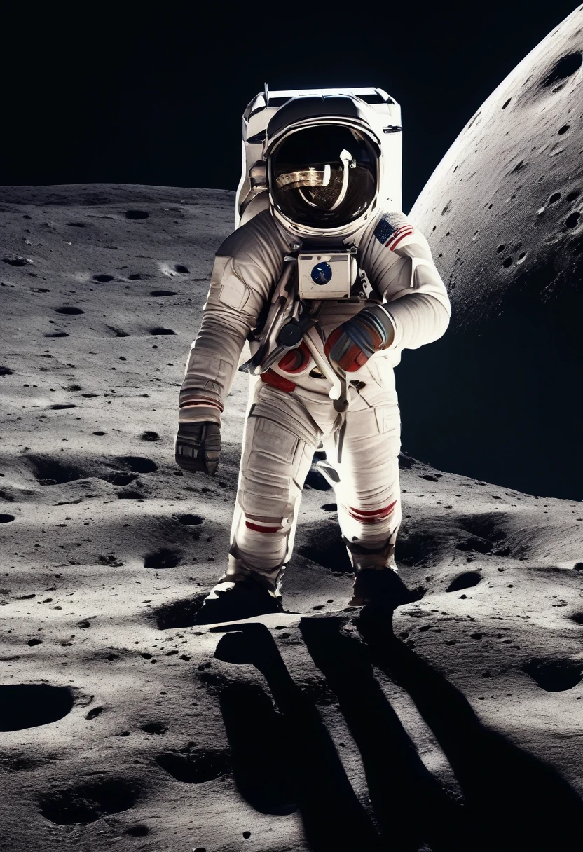 (Astronaut), astronaut wearing a heavy space suit is strolling on the surface of the moon, with a spacecraft capsule behind him and a vast lunar wilderness ahead. The Earth is in the pitch black sky, full body, (Photography), panoramic view, award-winning, cinematic still, emotional, vignette, dynamic, vivid, (masterpiece, best quality, Professional, perfect composition, very aesthetic, absurdres, ultra-detailed, intricate details:1.3)