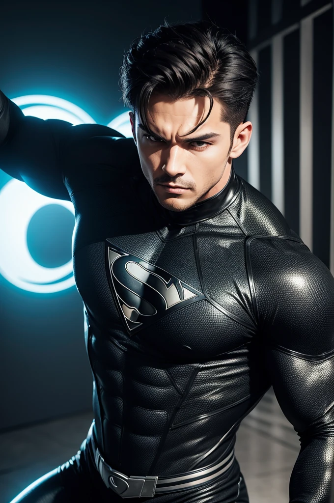 A man in black superhero outfit with elastic super power