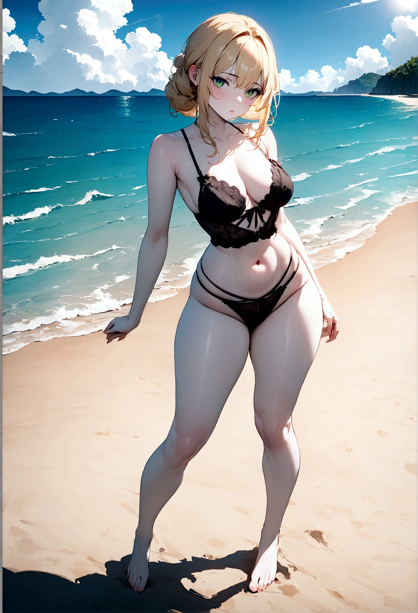 (Masterpiece), (8k), HD, full quality, 1girl, blonde, green eyes, medium sized breasts, white skin, thin waist, big thighs, thick thighs, lingerie, at the beach, sunny weather, ocean view, full body,