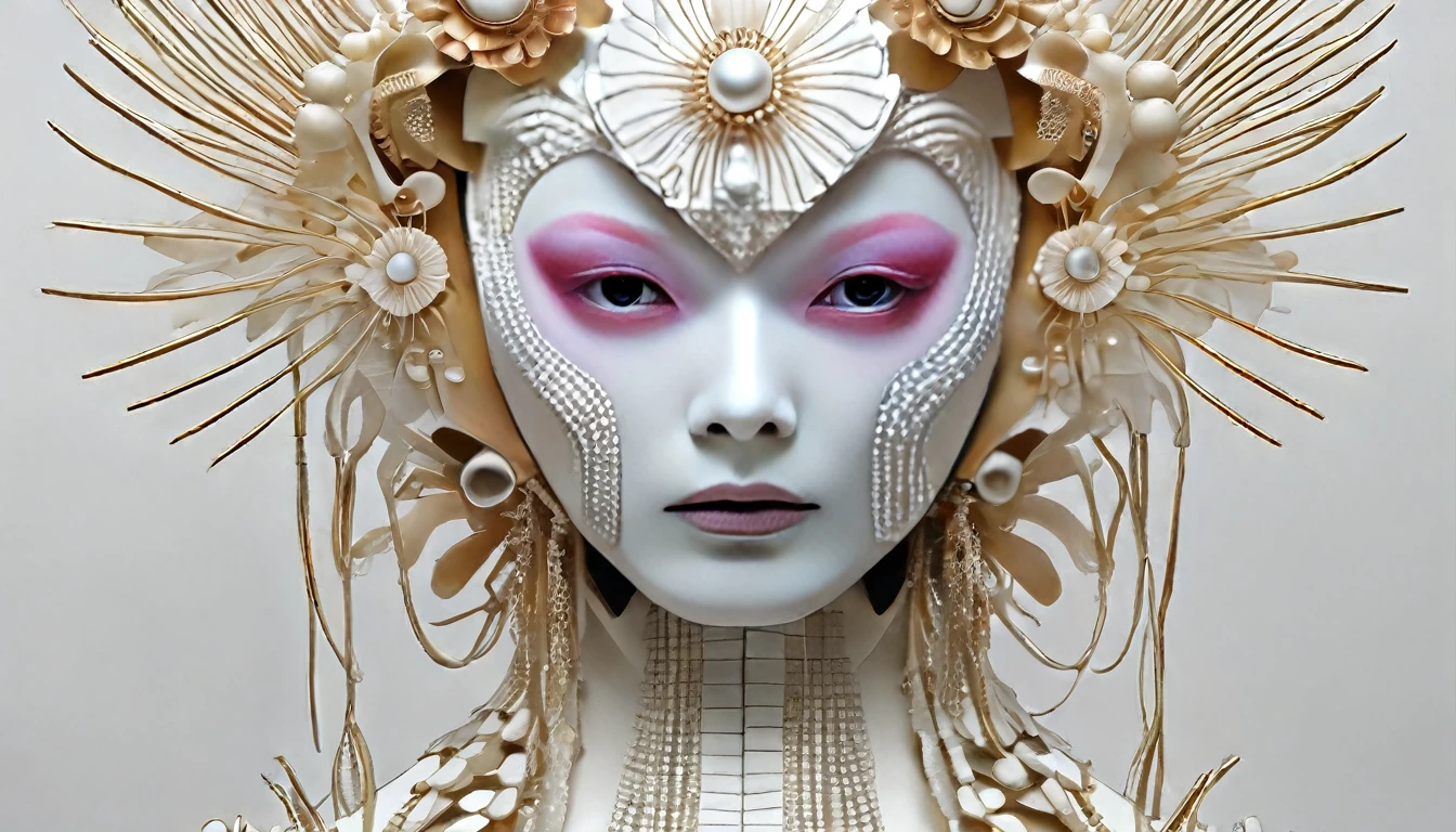 robot, mandelbrot, cellular automata, human face, extremely white face powder, heavy make-up, pixiv, hd, hq, 5d, hyper-realistic,