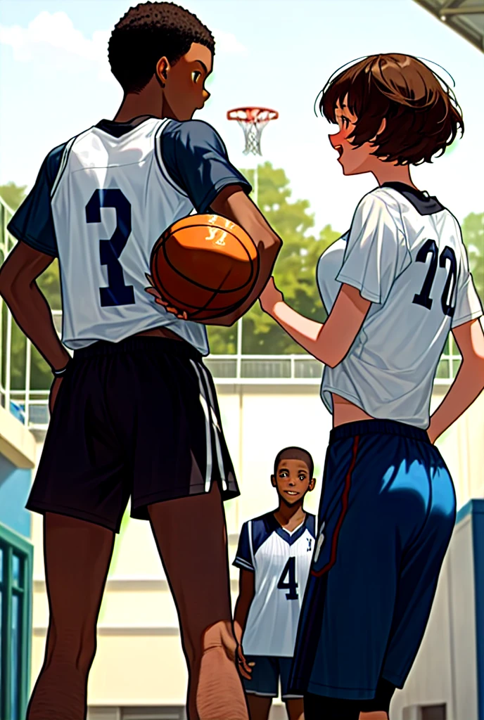 A black boy with short hair and a white girl with short brown hair meet at school. They are going to play basketball and the girl offers the ball to the boy to play. They became friends and 3 years later they fell in love and started dating.
