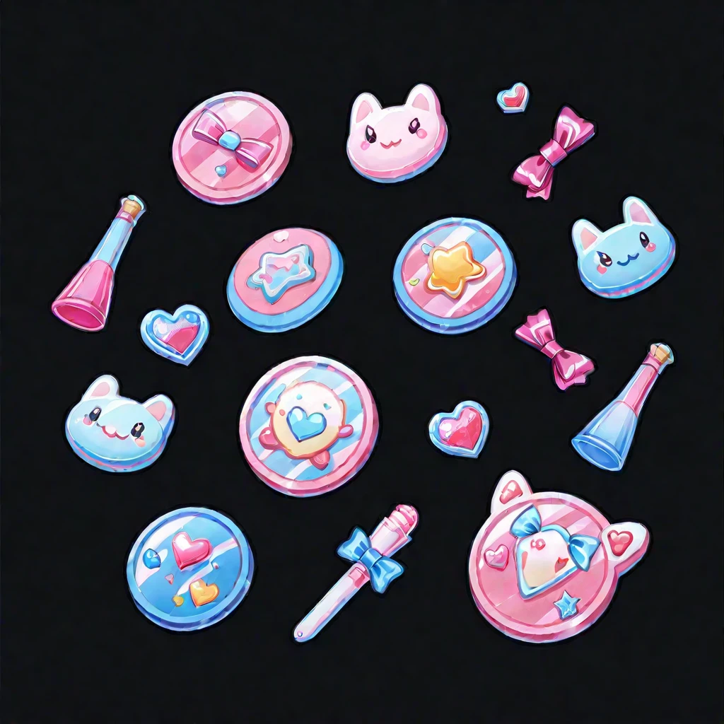 game icons, coquette bows, kawaii, black background