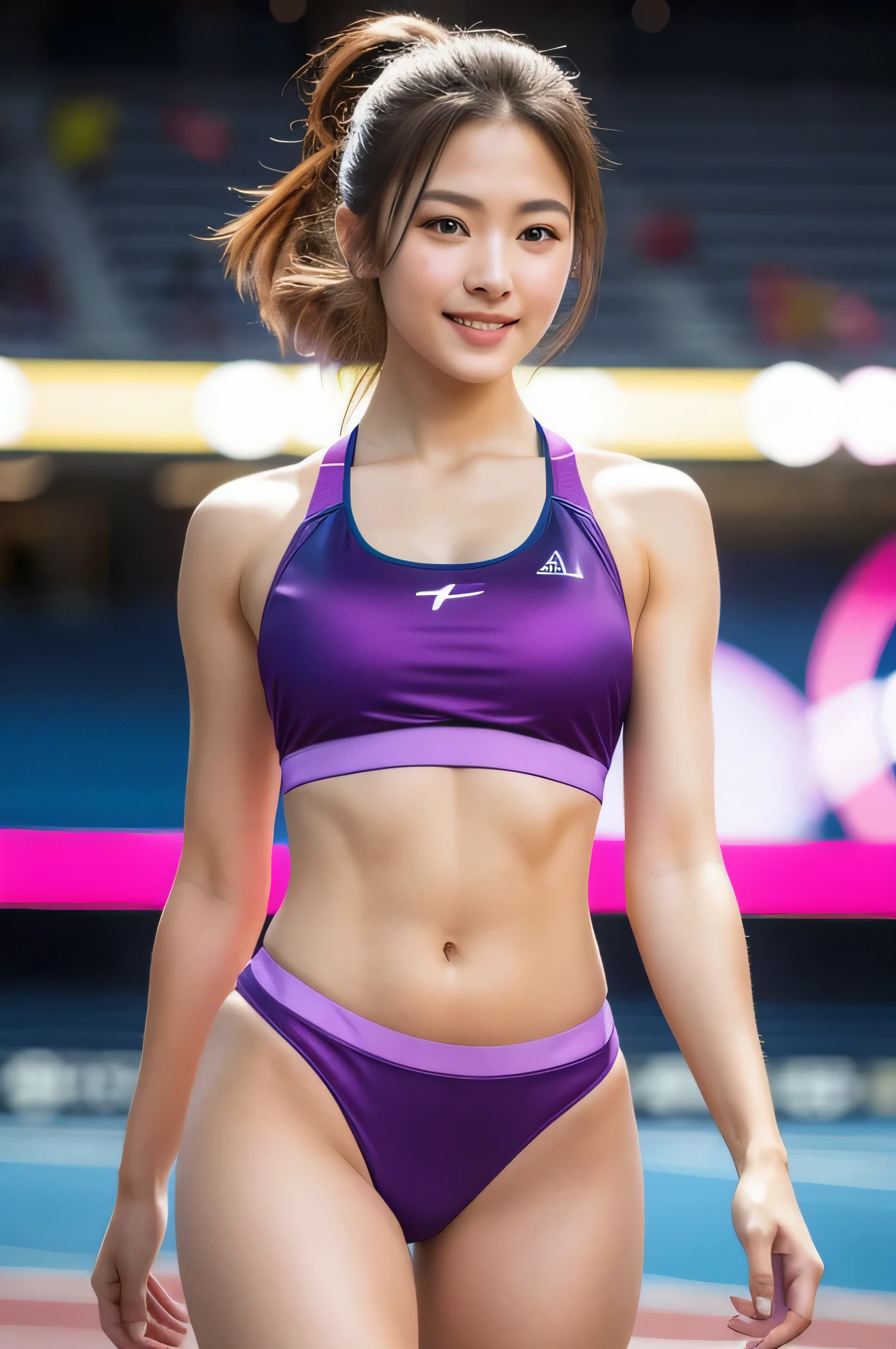 1 girl, beautiful detailed eyes, beautiful detailed lips, extremely detailed face and features, long eyelashes, athletic athletic body, running track and field competition, sportsbra top in purple and pink and silver, high-waisted sharp angle sports bikini, purple knee high socks, arm protectors, wristbands, smiling, pole vault, (best quality,4k,8k,highres,masterpiece:1.2),ultra-detailed,(realistic,photorealistic,photo-realistic:1.37),highly detailed,intricate details,focus on details,extremely detailed and lifelike,extremely detailed and sharp,beautiful lighting,cinematic lighting,dramatic lighting,moody lighting,vibrant colors,vivid colors,rich colors,pastel colors,elegant,graceful,beautiful,stunning,elegant,refined,exquisite,delicate