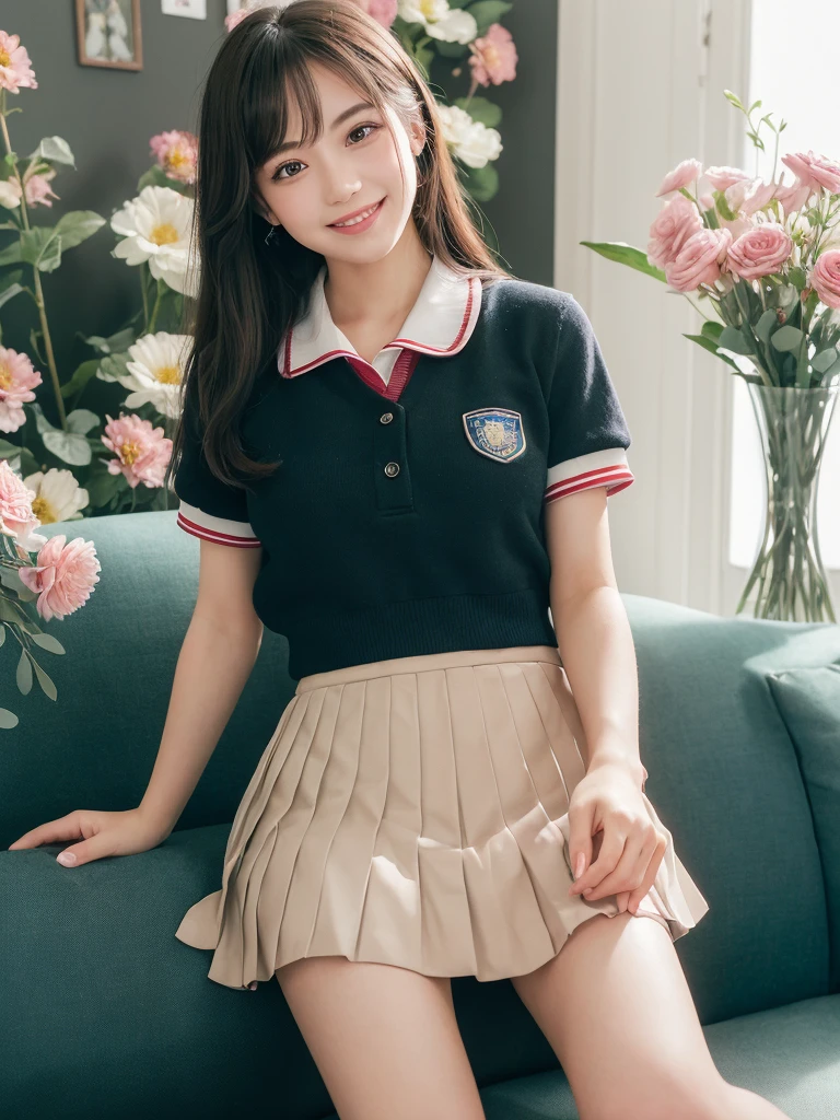 (1woman), (round eyes:1.2), (highly detailed face and eyes), (big smile),  Amazing face and eyes, (school uniform, pleated mini skirt:1.3), (Best Quality:1.4), (Ultra-detailed), (extremely detailed CG unified 8k wallpaper), Highly detailed, High-definition raw color photos, Professional Photography, Realistic portrait, indoors, summer, (casual room, cute wallpapers:1.3), (Surrounded by lots of cute fresh flowers. Inside a photo studio, cute sofa:1.3), depth of fields, (fine face:1.2),