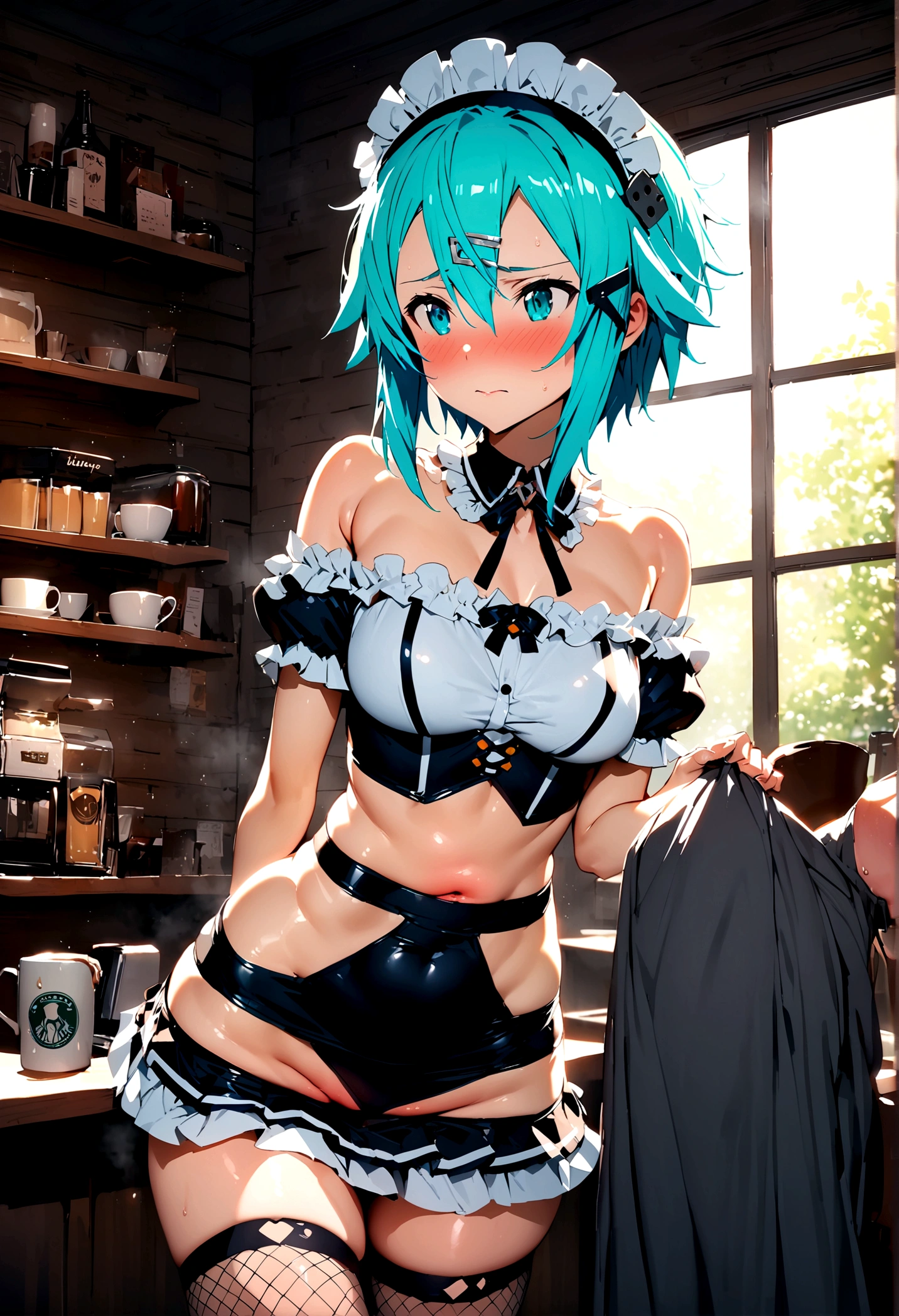 NSFW,masterpiece,Highest quality,High resolution,Super detailed,Sinon\(Sword Art Online\),(Maid clothes),Off the shoulder,cropped,belly button,Narrow waist,Micro Mini Skirt,Headdress,Fishnet tights, hair ornaments, Hair Clip,Embarrassed,expectant face,Estrus,sexual excitement,blush,Coffee shop,old-fashioned room