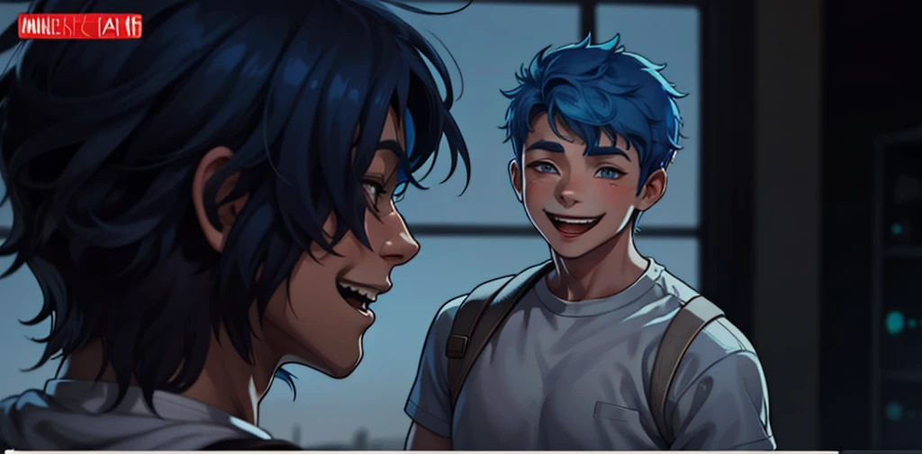 There are two boys with blue hair, they love each other, they smile with joy.