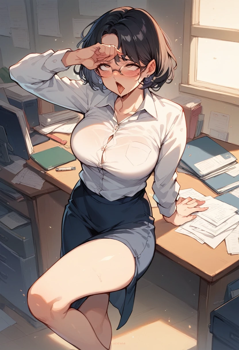 (mature woman), blush, ahegao, Fair Skin,new, wearing glasses, short black hair, beautiful  face, 가슴, sensuous, highest quallity,standing pose, (fund: in front of the office desk)