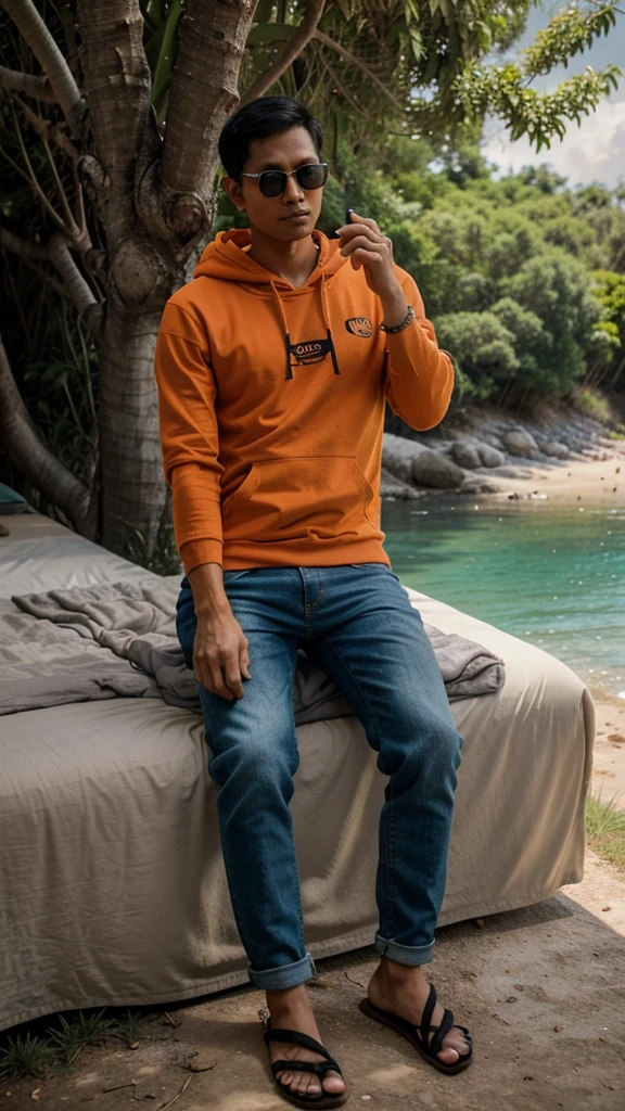 Realistic photo, looks like a 27 year old Indonesian man, thin body, very short hair, wearing an orange hoodie, wearing sunglasses, wearing long black jeans, wearing blue flip-flops, sitting on a mattress hanging over a cliff. the tall one, it looks like his bed is using a rope tied to a tree, it looks like he's playing a game on his smartphone