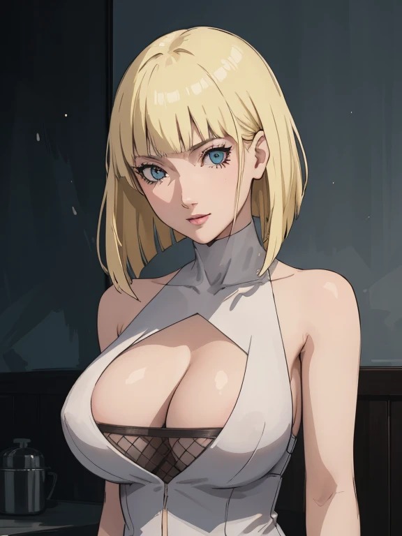 Best quality, masterpiece, ultra high res, 1girl, sexy, in the dark, deep shadow, low key, cold light, milf, blonde, dynamic light, cinematic lighting, cinematic lighting, down blouse, mature woman, middle parted hair, nsfw, natural breast, upper body, milf, samui, simple smile