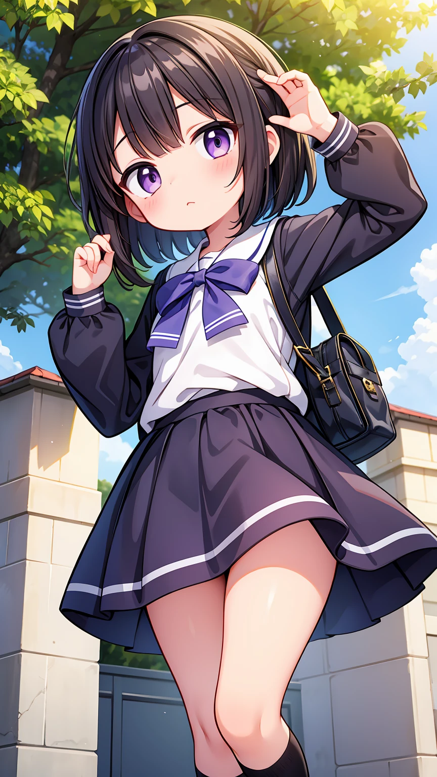 (High quality), (masterpiece), (very detailed), girl, (very small bust), short brown hair, purple eyes, shy face, (primary school ), showing her thighs, on the school yard, sunny, camera angle from below, adorable eyes, (primar school uniform)