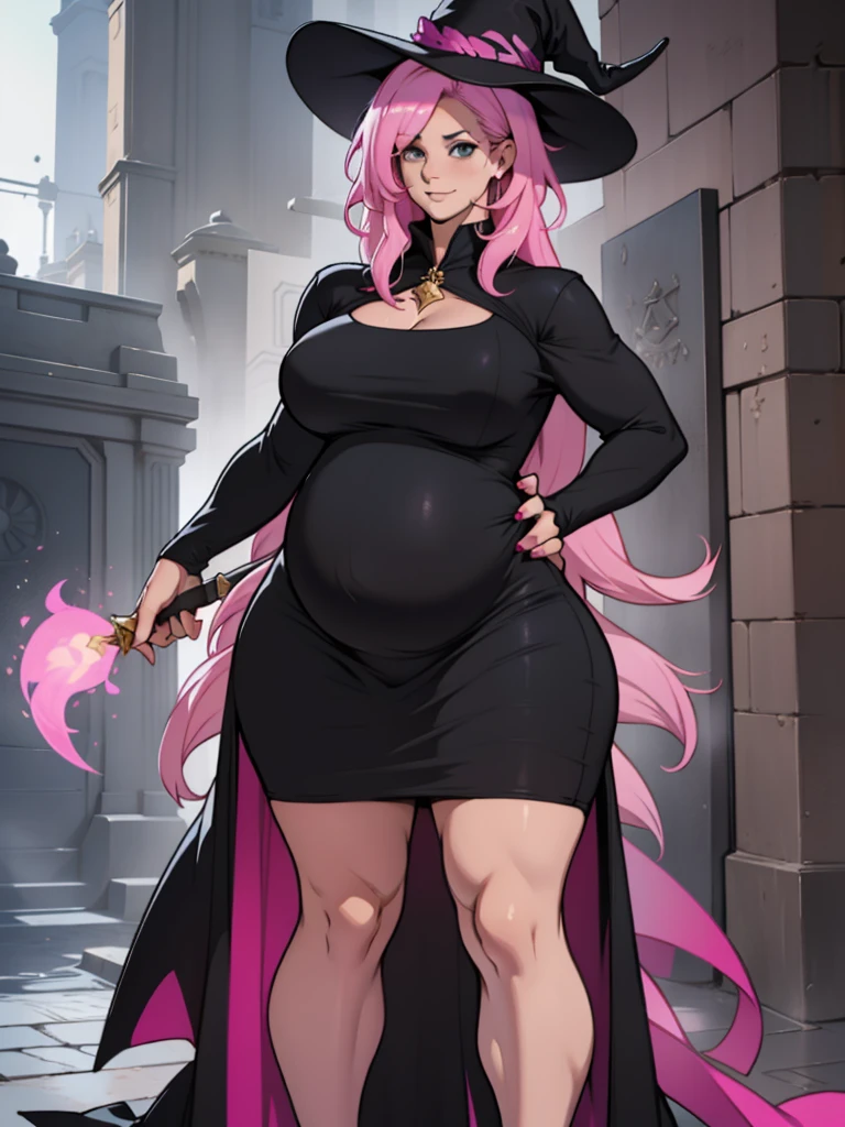 older woman in her 30s, with pink hair and a tall, curvy body, breasts big, in this, (work of art, best qualityer:1.2) wearing the legendary great black dress of the mystical sorceress, Big witch hat, pregnant, standing alone, alone, pink massive hair
