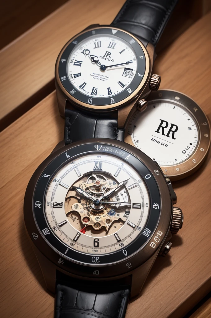 Create a Logo using a wristwatch, with the letters "rr" at the top and with the word "CLOCKS" written at the bottom