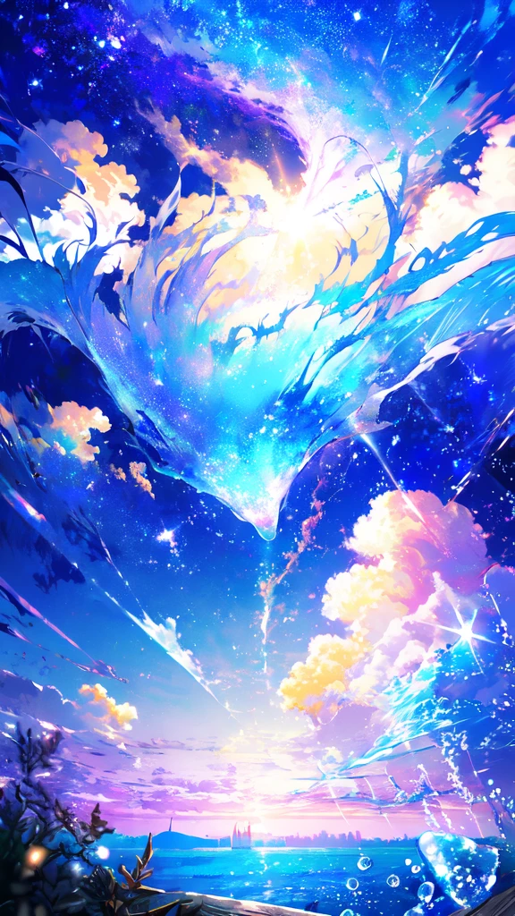 -scenery, 1girl, sky, Star (sky), Highest Resolution、鈴、Sunlight from above, Morning, solo,Fine starry sky、 city lights, Starry sky, Fine bubbles、night sky, bubble, watercraft, outdoors, short hair, ocean, Big cloud,coloured glaze,