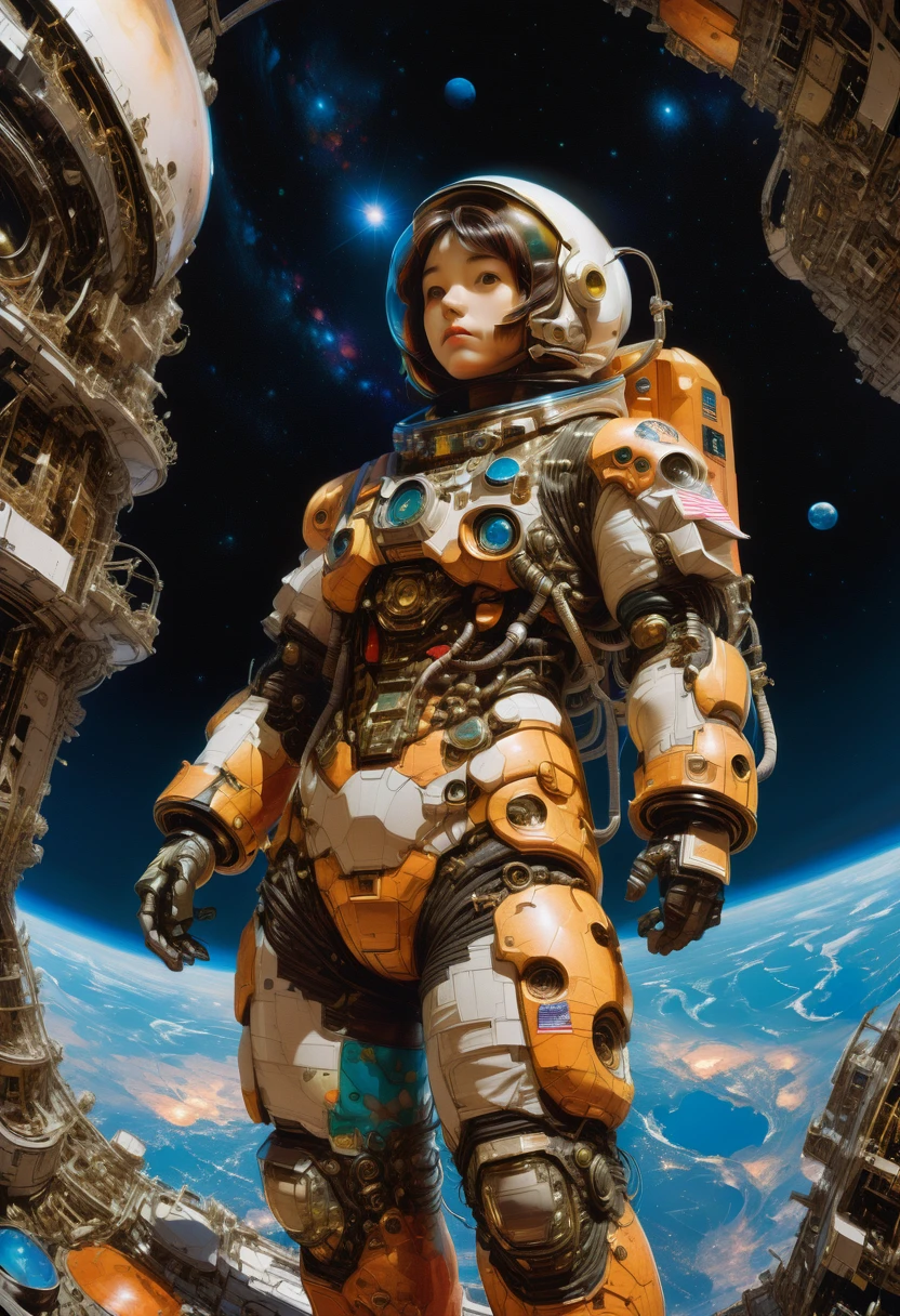 Astronaut, full body, by Qi Baishi and Chen Longque and Chen Dingbo, best quality, masterpiece, very aesthetic, perfect composition, intricate details, ultra-detailed, vivid colors