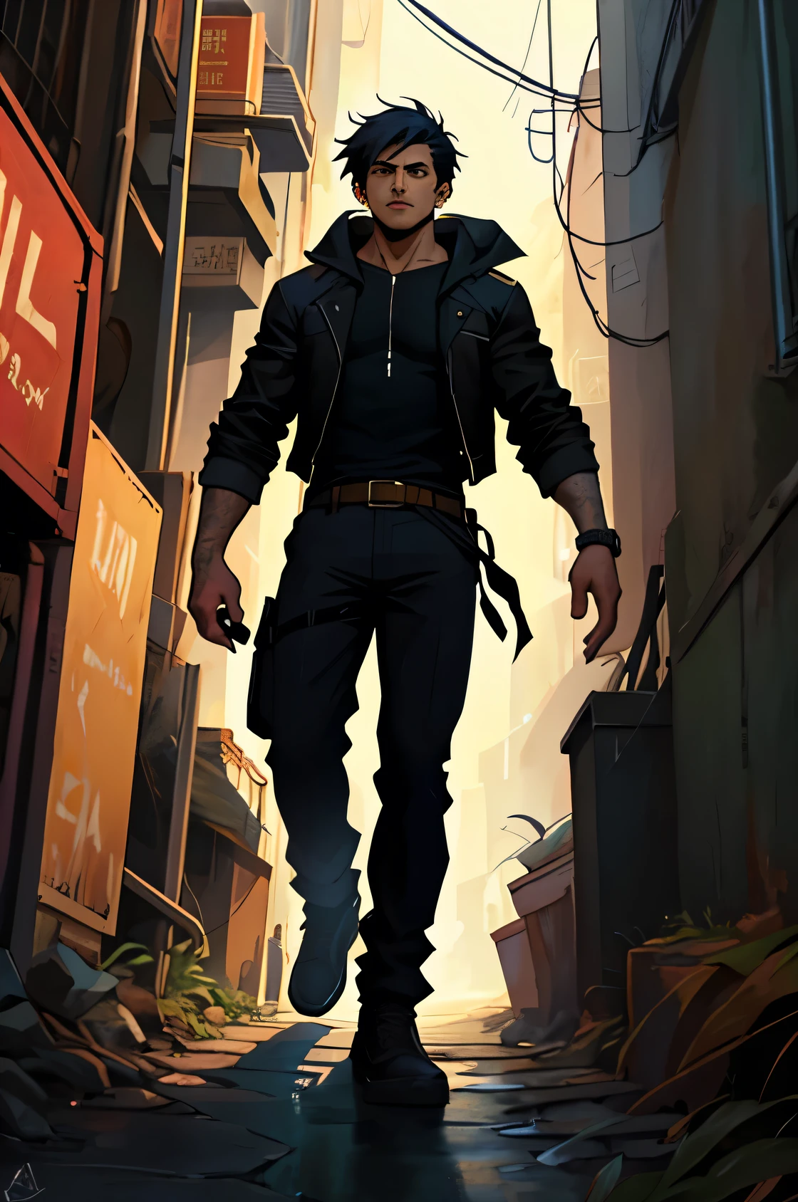In the sandy depths of the alley, a man dressed in black stands in a defiant posture. Comic image comes to life with a cut and tear style., showing the man's muscular form beneath the tattered fabric of his suit. the scene explodes with vibrant colors, embodying the ratcore aesthetic, as if each shade was hand painted with the fervor of an artist.
Foreshortening techniques are skillfully employed to create a sense of tension and action., as the man's long legs bend beneath him, threatening to propel him forward in the next moment. Berrypunk influences are subtly woven into the