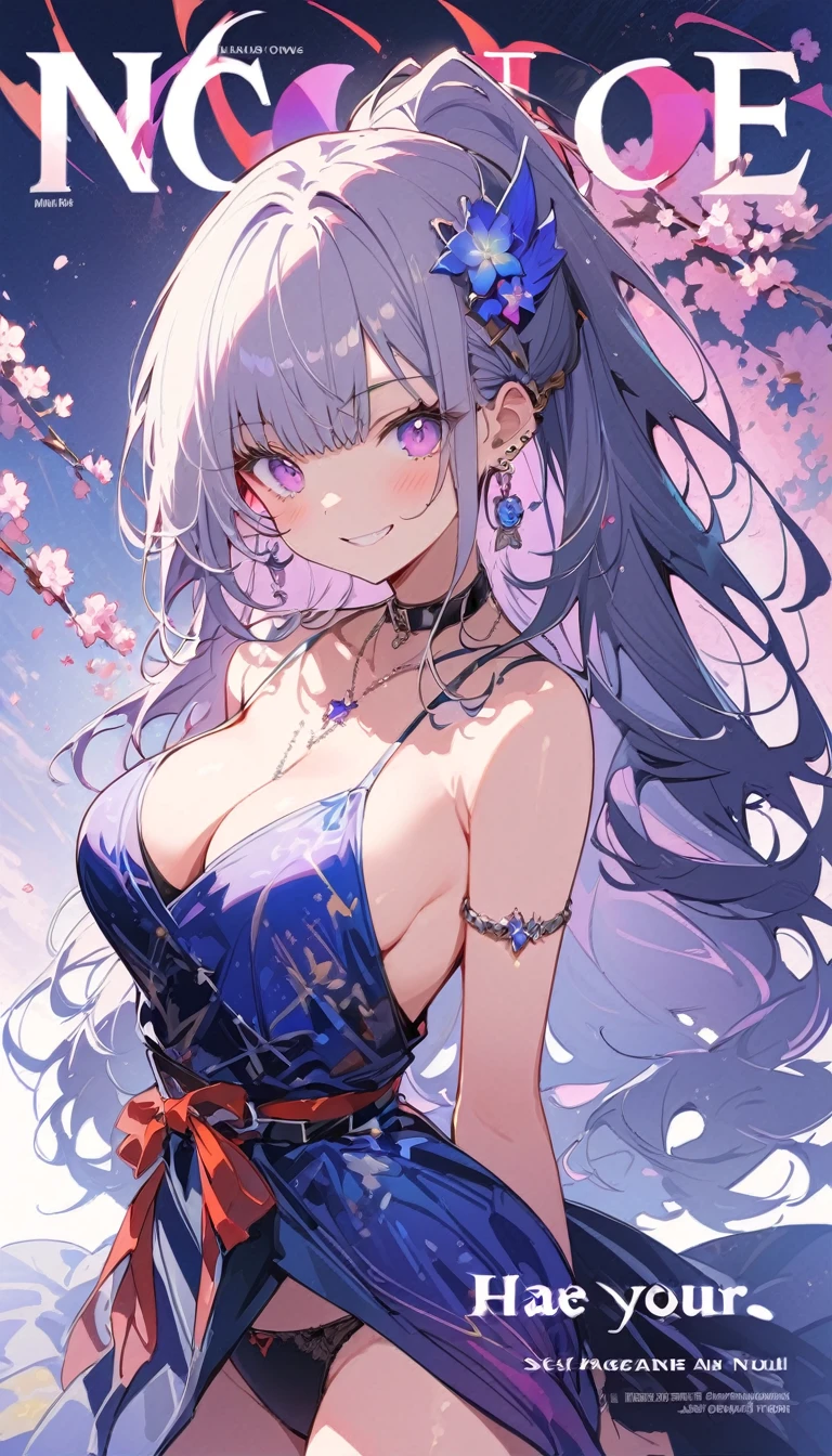 masterpiece, Highest quality, whole body, One girl, bangs, black choker,  blush, bracelet, chest, choker, clothes The surrounding area waist, clavicle,  Cowboy Shot,  ear Earrings, Eyebrows visible through hair, Gradient Hair, Grin, fix, jewelry, Kogal, Long Hair, View Viewer, Earrings,   Red eyes, ring, ,  smile, alone, street, null, cherry blossoms, petal,figure, (magazine:1.3), (cover-style:1.3), fashionable, woman, Vibrant,  Pause, front, colorful, dynamic, background, element, have confidence, Performance, Holding, statement, accessories, Majestic, Coiled, The surrounding area, touch, scene, article, cover, bold, to attract attention, title, stylish, font, Catchy, Heading, big, impressive, Modern, trend, concentrated, fashion,((masterpiece)), Highest quality, Absurd, Super detailed, Holographic, Cowboy Shot, ダイナミックなPause, Golden Ratio, Very cute girl, Mature Girls, Very beautiful, Super beautiful asian girl with super beautiful purple eyes, Very beautiful white hair, Shiny skin, High Ponytail, nice and sexy body, Slim and delicate body, Perfect body,  Cute Panties, Fox Headset, Get your picture taken in a cute alien spaceship,naked,Big Breasts,Sexy