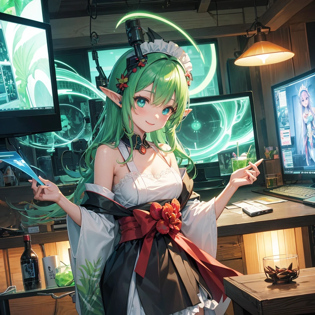 Elf（Maid clothes（kimono）　tropical　tropicalジュース（tray）　Tavern（Adventurer）　cyber punk　Green light swirling（hologram）　Multiple monitors behind（Streaming screen　magic circle）　Adventurer　Medieval Fantasy　smile　night　comics）