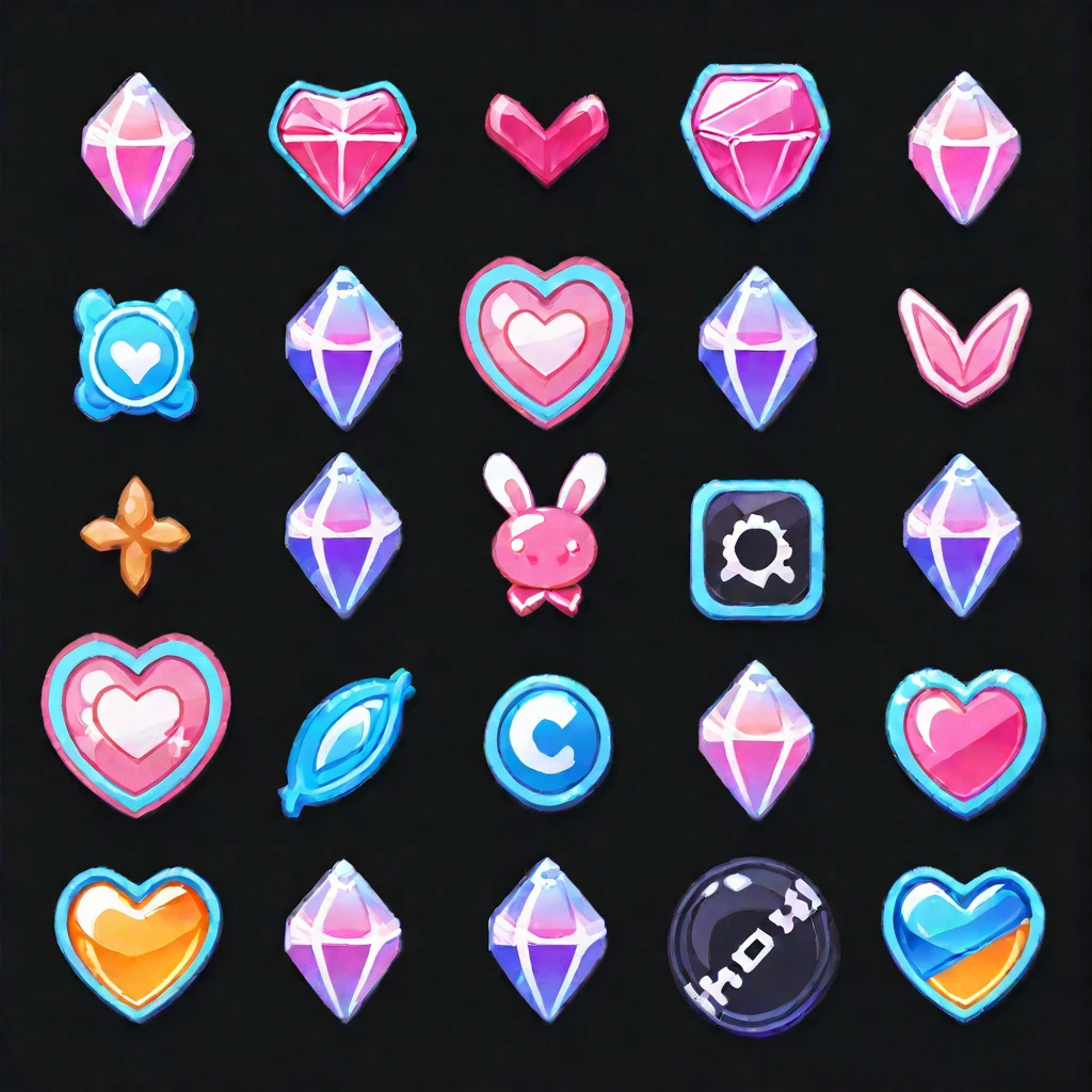 game icons, coquette kawaii, black background