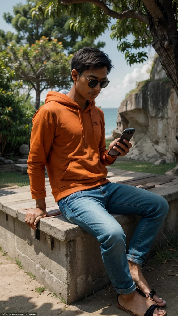 Realistic photo, looks like a 27 year old Indonesian man, thin body, very short hair, wearing an orange hoodie, wearing sunglasses, wearing long black jeans, wearing blue flip-flops, sitting on a mattress hanging over a cliff. the tall one, it looks like his bed is using a rope tied to a tree, it looks like he's playing a game on his smartphone