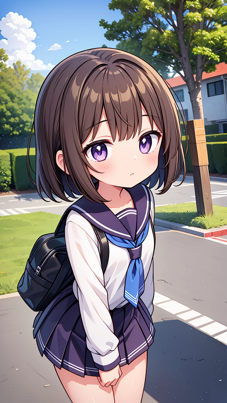 (High quality), (masterpiece), (very detailed), girl, (very small bust), short brown hair, purple eyes, shy face, (primary school loli), showing her thighs, on the school yard, sunny, camera angle from below, adorable eyes, (primar school uniform)