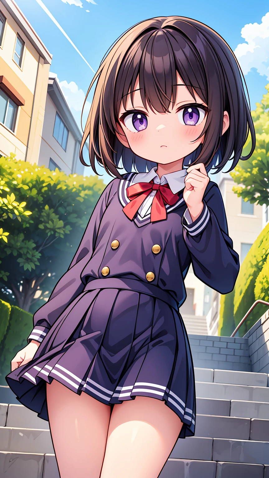 (High quality), (masterpiece), (very detailed), girl, (very small bust), short brown hair, purple eyes, shy face, (primary school loli), showing her thighs, on the school yard, sunny, camera angle from below, adorable eyes, (primar school uniform)