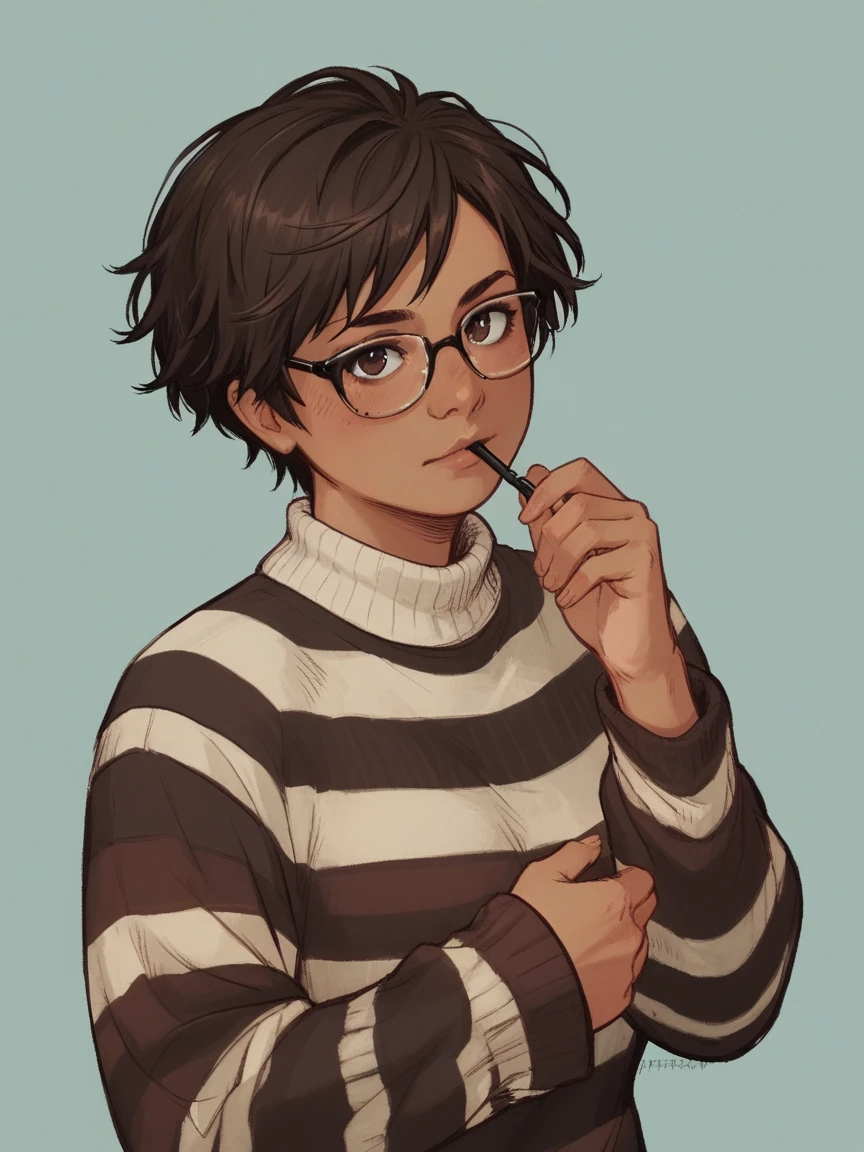 score_9, score_8_up, score_7_up, score_6_up, score_5_up, score_4_up, wh33z13, 1woman, white skin, dark Brown short hair, striped sweater, dark Brown eyes, glasses