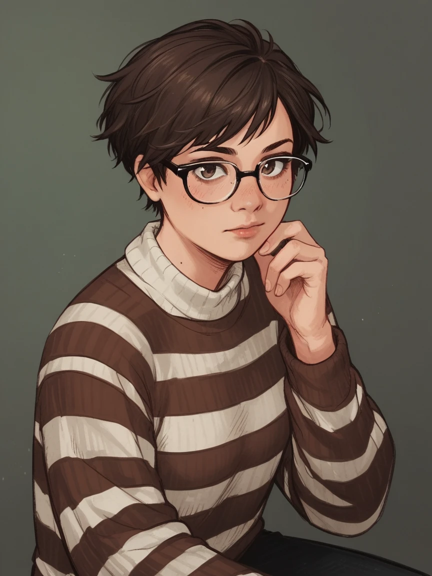 score_9, score_8_up, score_7_up, score_6_up, score_5_up, score_4_up, wh33z13, 1woman, white skin, dark Brown short hair, striped sweater, dark Brown eyes, glasses